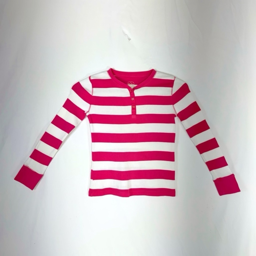 Pink and White Striped Girls Ribbed Long Sleeve Shirt